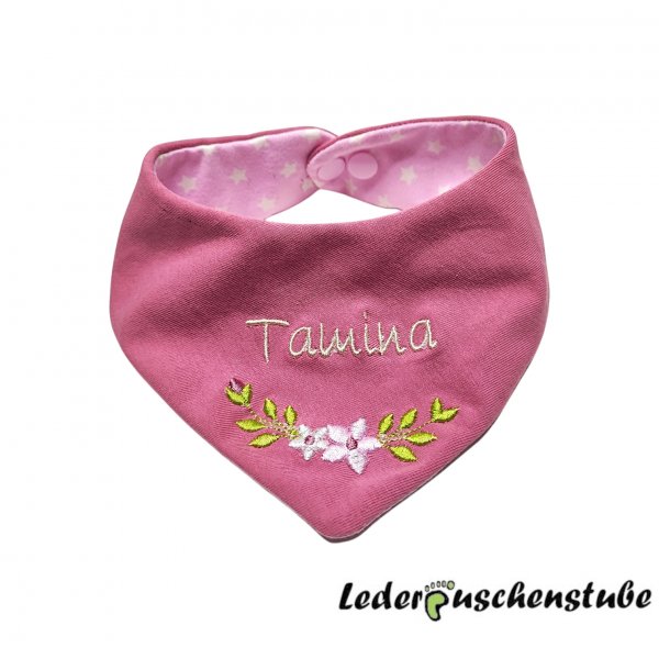 Wende Halstuch Jersey altrosa und Jersey rosa Sterne weiß, mit Namen creme und Ranke 3 rosa-creme-alrosa-hellgrün, Druckknopf rosa von vorne